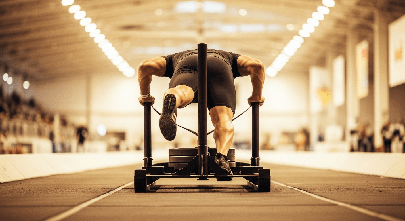 Athlete in low stance pushing a competition sled in an indoor arena.