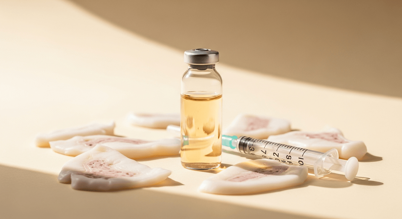 Glass vial of amber serum with fat tissue samples and syringe on warm cream surface in soft light.