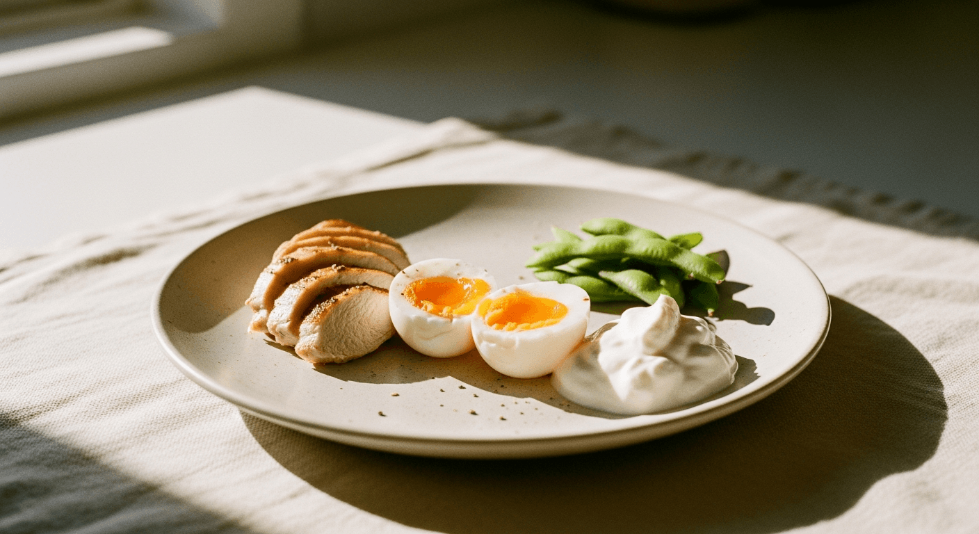 Plate with protein portions: grilled chicken, soft-boiled egg, Greek yogurt, and edamame.
