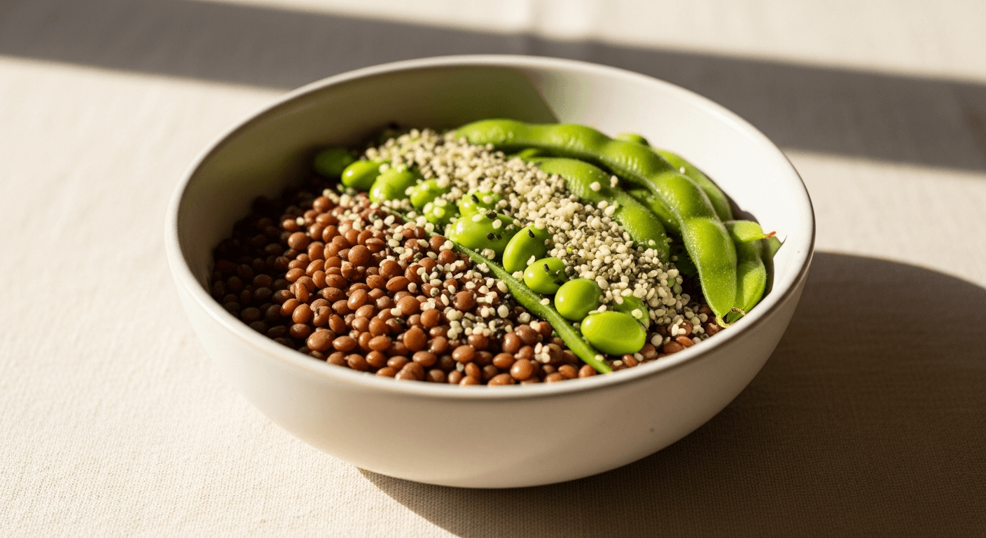 Ceramic bowl filled with plant-based proteins: lentils, edamame, and hemp seeds in soft light.