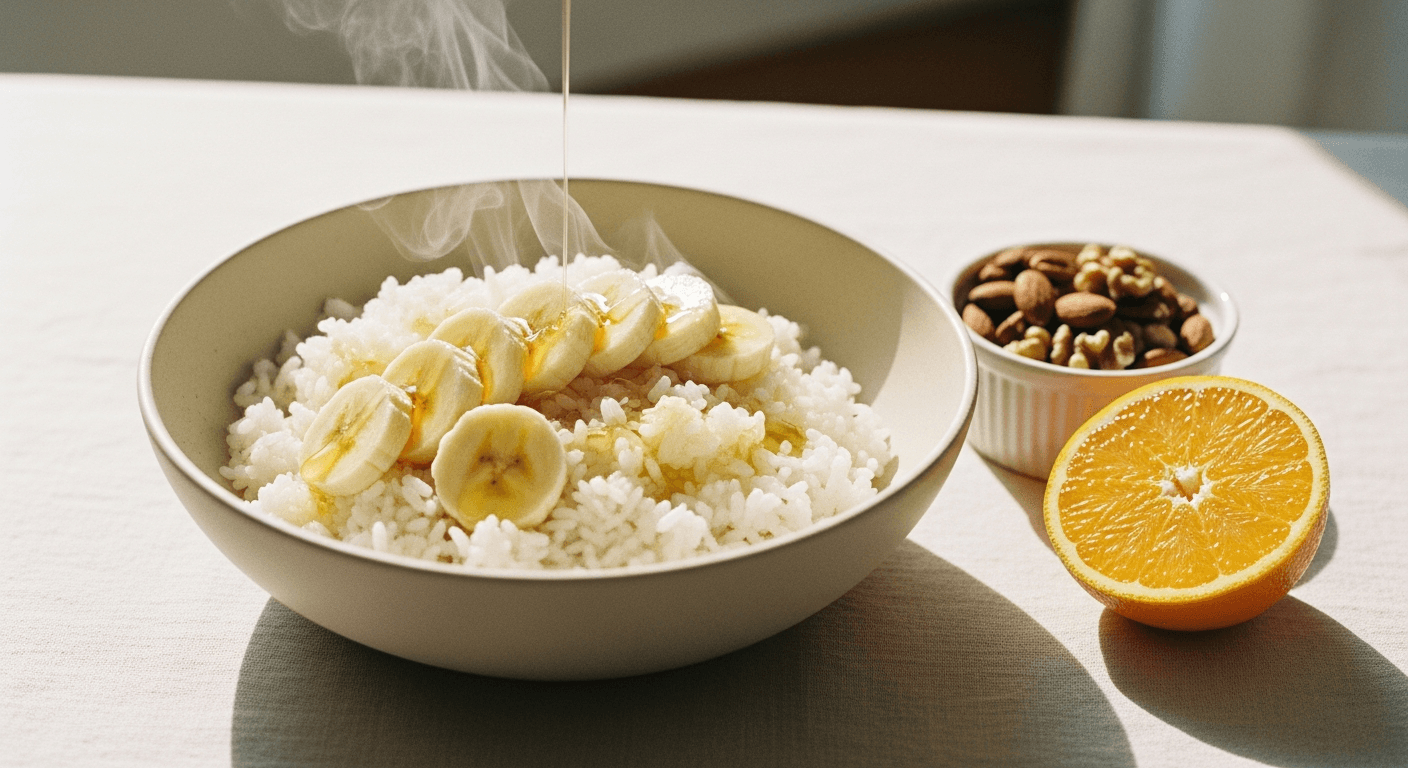 Bowl of white rice, banana, honey, nuts, and orange on cream linen in warm natural light.