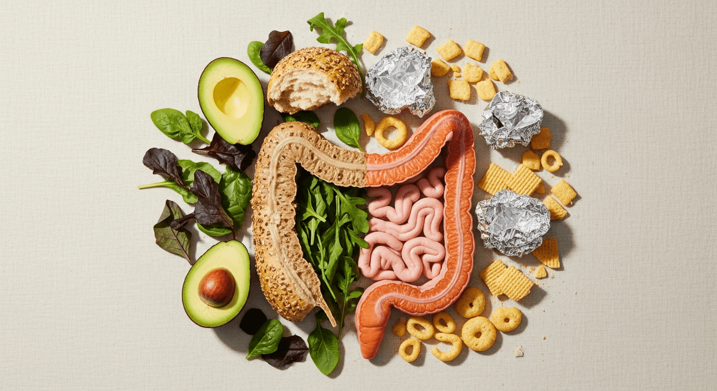 Split composition contrasting whole fresh foods on the left with ultra-processed snacks and packaging on the right.