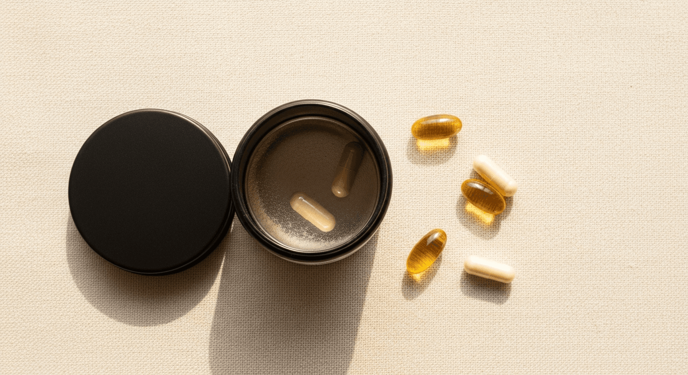 Open supplement tin with scattered amber and ivory capsules on warm cream linen in soft golden light.