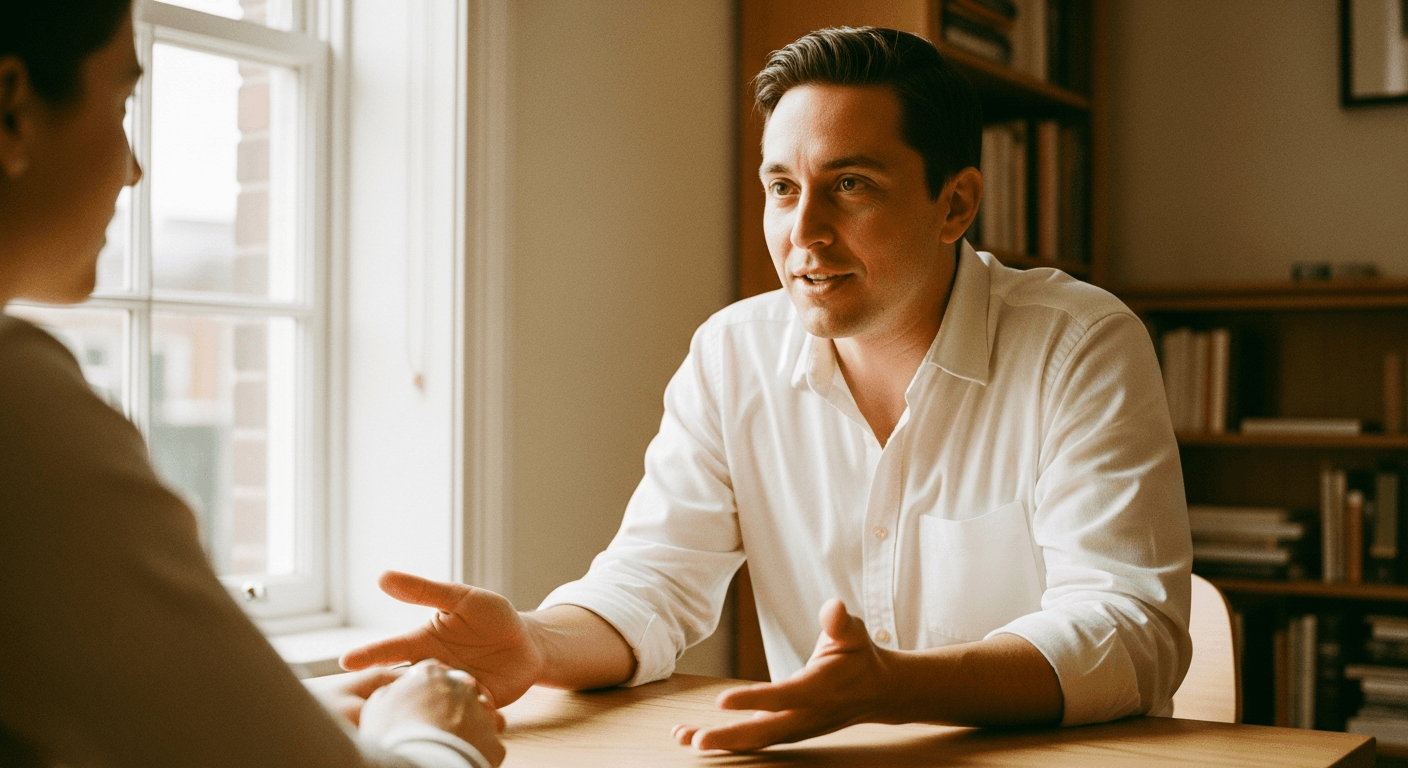A coach leans forward in engaged conversation with a client across a table in a warmly lit private studio.