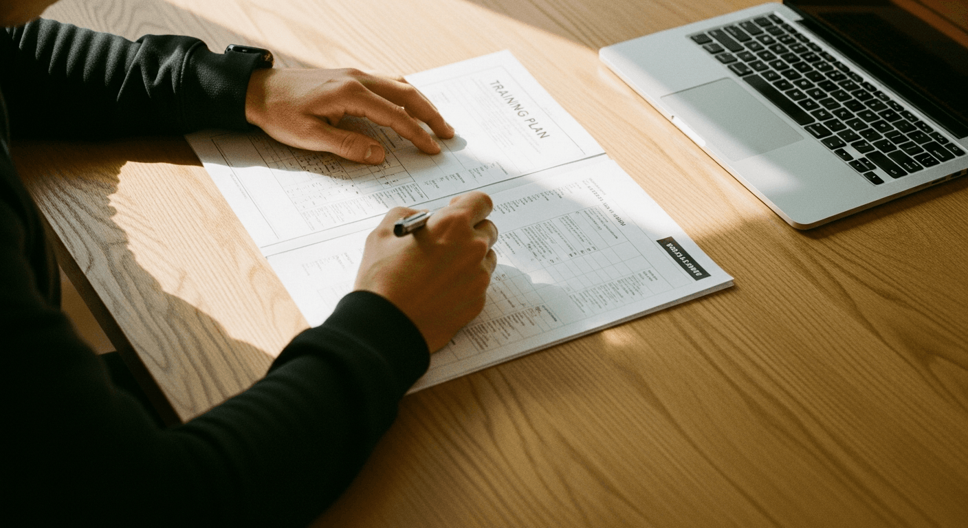 Coach's hands annotating a printed training plan beside a closed laptop on a sunlit desk.