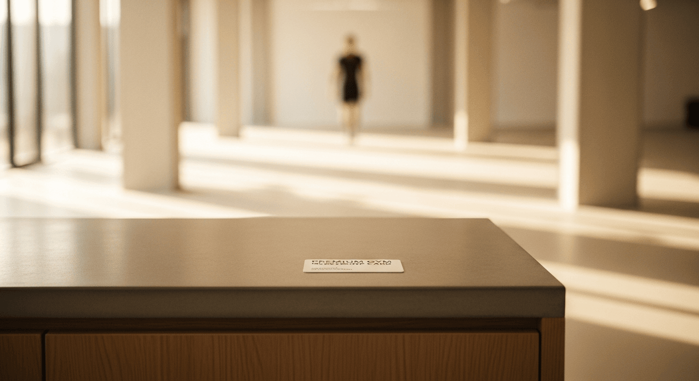 Membership card sharp on gym reception desk with blurred figure approaching in the distance behind.