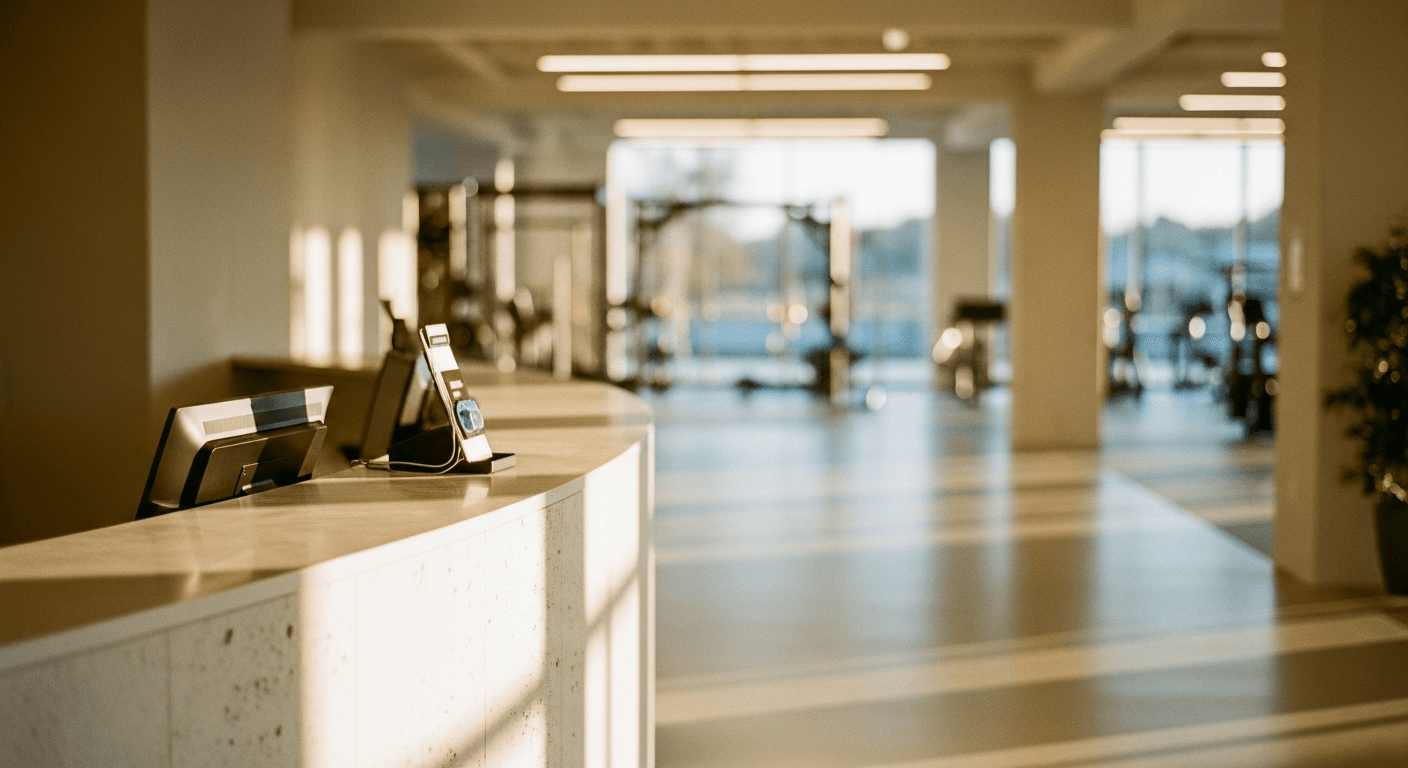 Modern gym reception desk bathed in warm golden light with blurred fitness floor visible in soft focus behind.