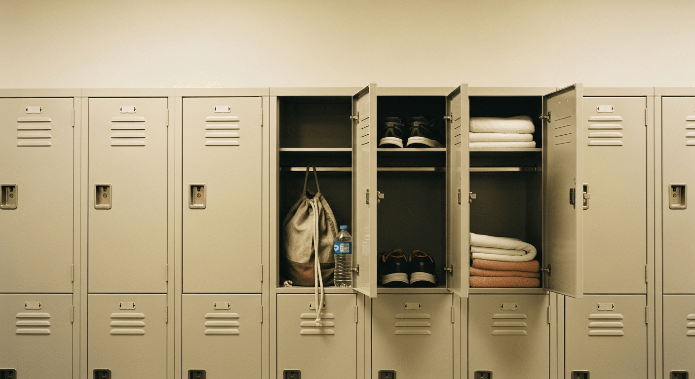 Open gym lockers showing a young member's drawstring bag and an older member's walking shoes.