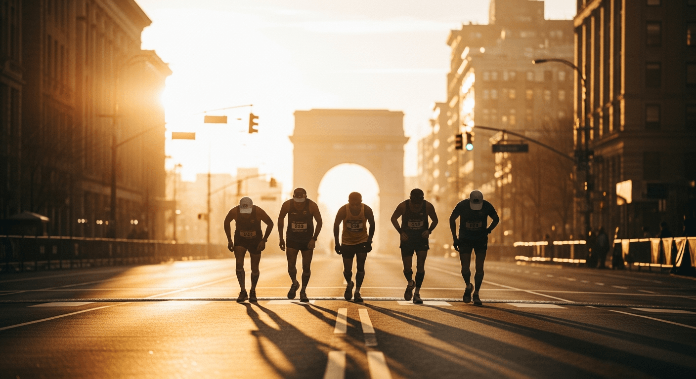 Exhausted runners nearing the finish line at golden sunrise, silhouetted on an empty urban boulevard.