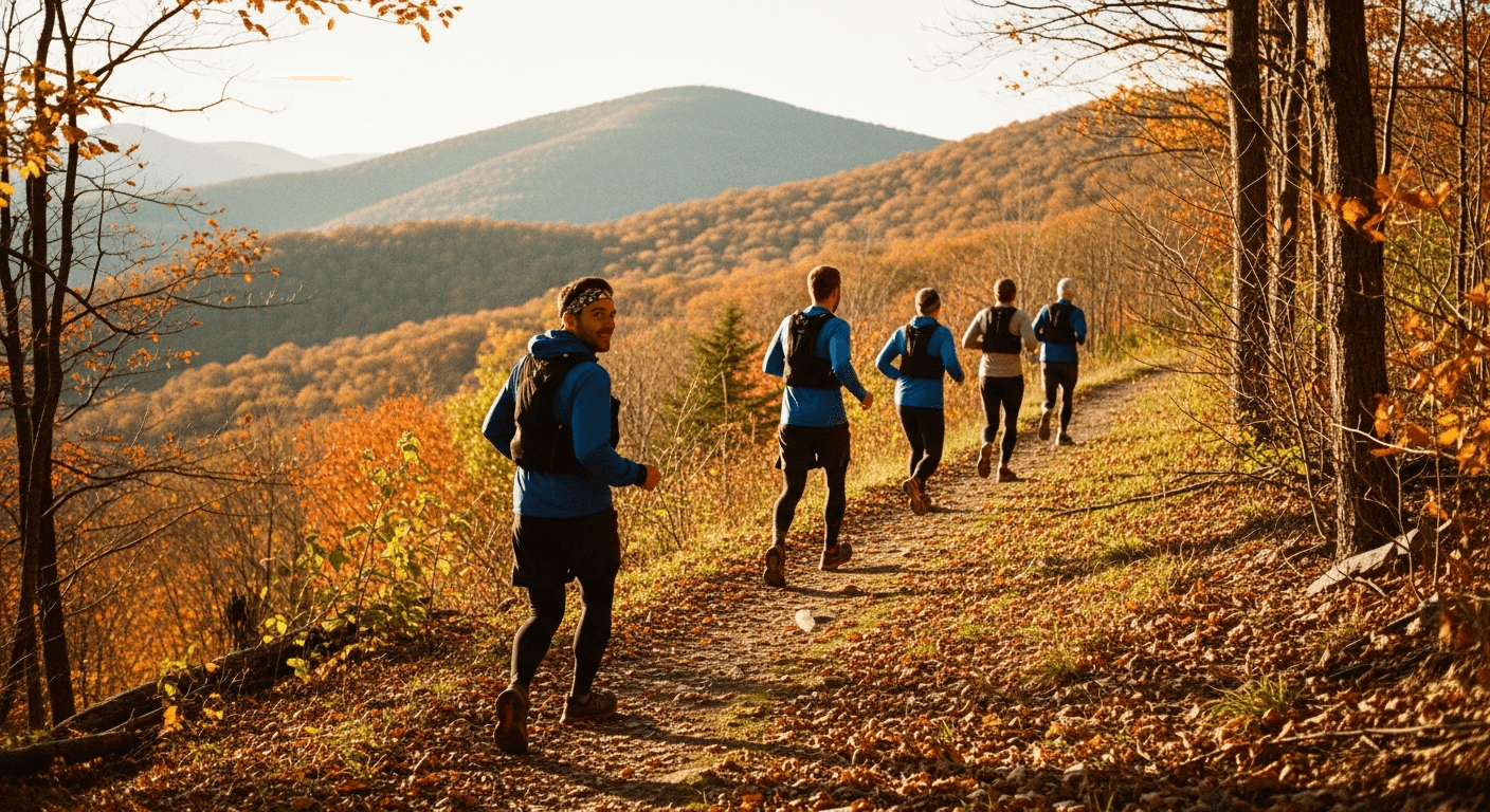 Four trail runners moving together on a ridge path through autumn Berkshire forests in golden late-afternoon light.