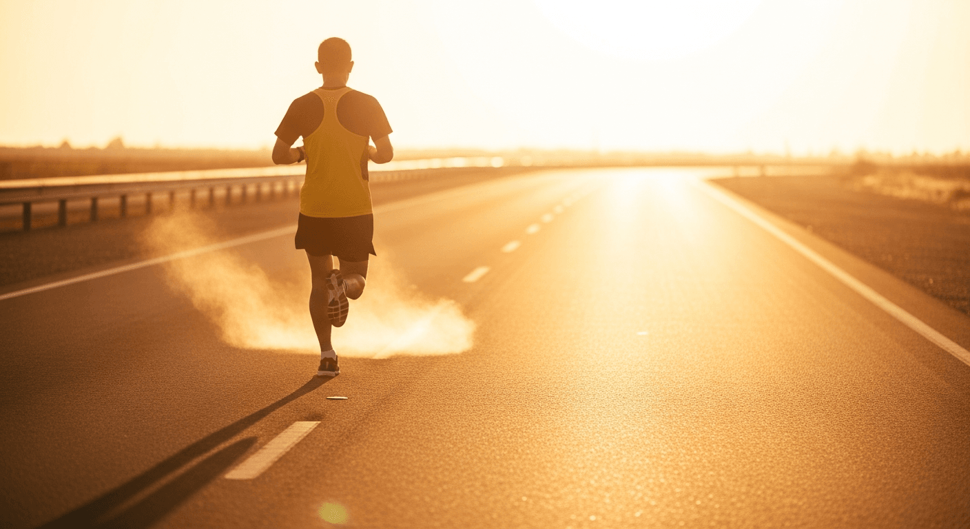 Lone runner in mid-stride on a sun-baked road with heat shimmer rising from the asphalt.