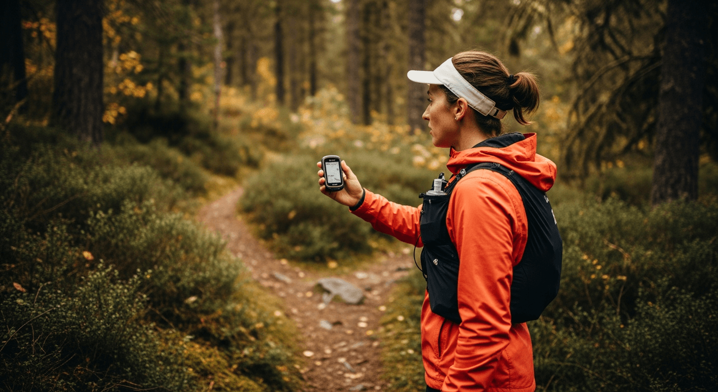 A trail runner checks a GPS device at an unmarked fork deep in the backcountry forest.