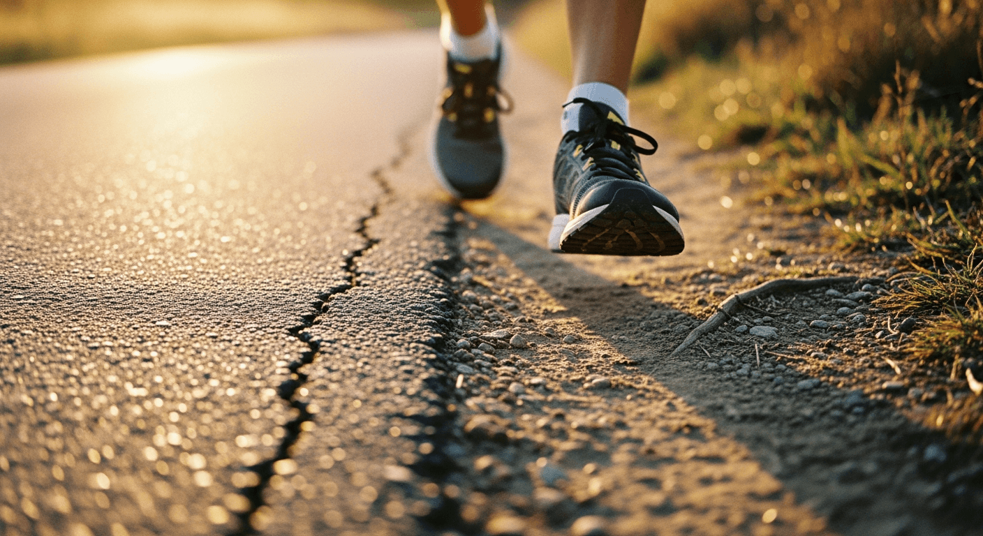 A runner's feet transition from asphalt road to dusty dirt trail in golden-hour light.