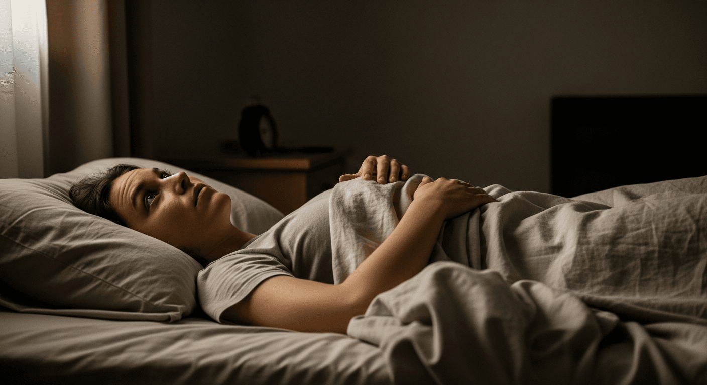 Person lying awake in bed at dawn, staring at the ceiling in the pre-dawn darkness.