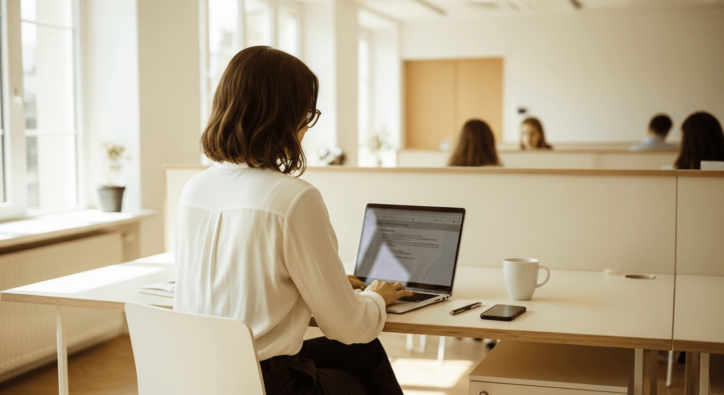 A focused person works at a bright desk in a calm, modern office workspace with natural light.