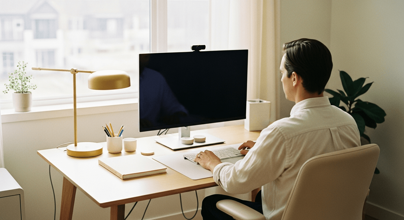 Person seated at an ergonomic workstation with proper posture, soft natural lighting from a window.