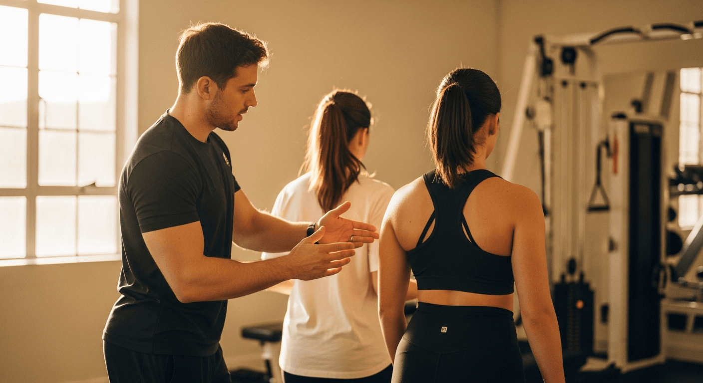 A personal trainer guides a client through an exercise in a warmly lit gym with natural golden light.
