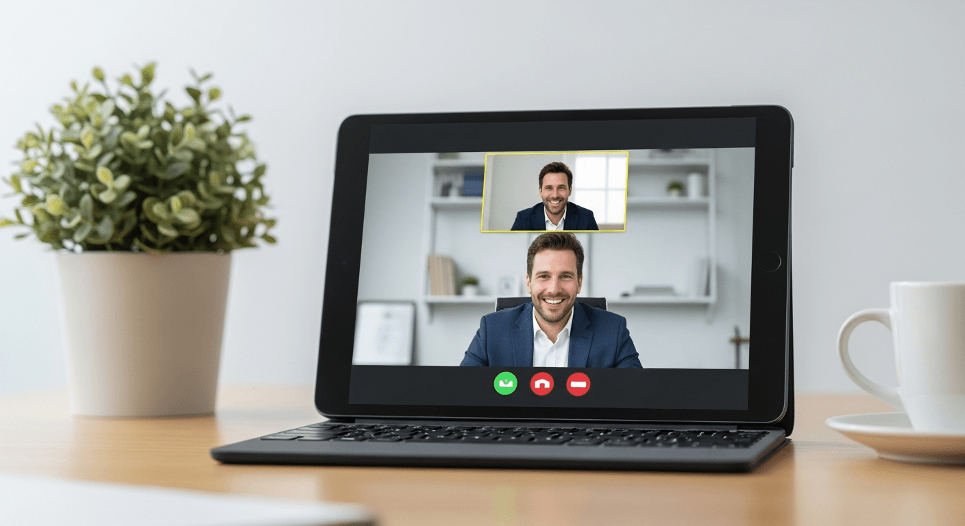 A fitness coach gestures at a tablet showing a video call with a client during a workout session.