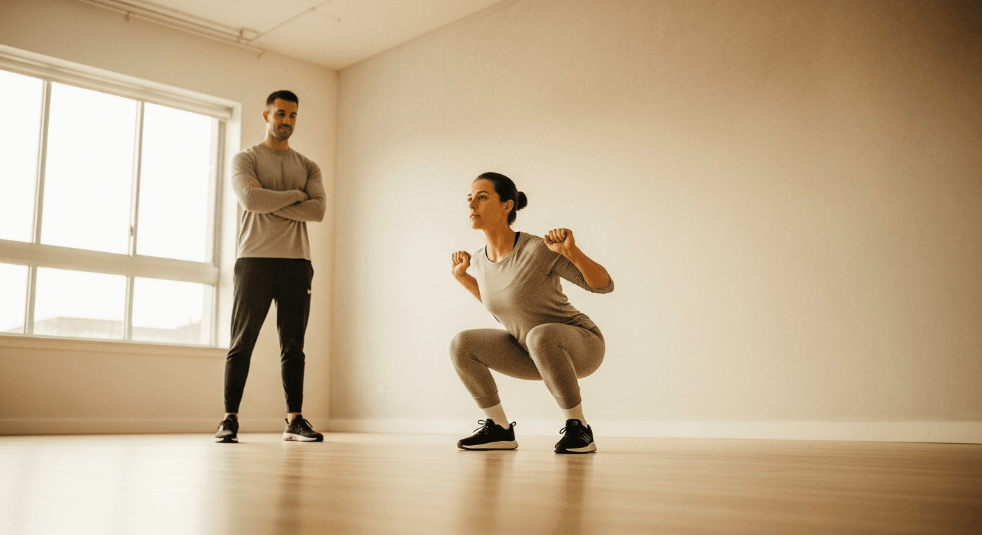 A beginner performs a squat while a coach observes in a bright, open gym with natural light.