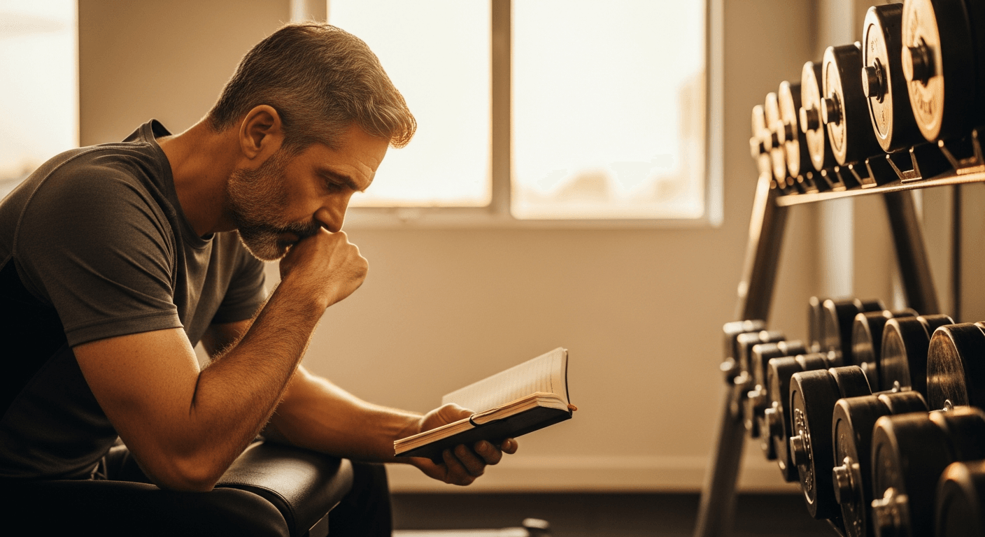 Middle-aged man resting between sets with training notebook in hand, seated in a gym bathed in warm golden light.