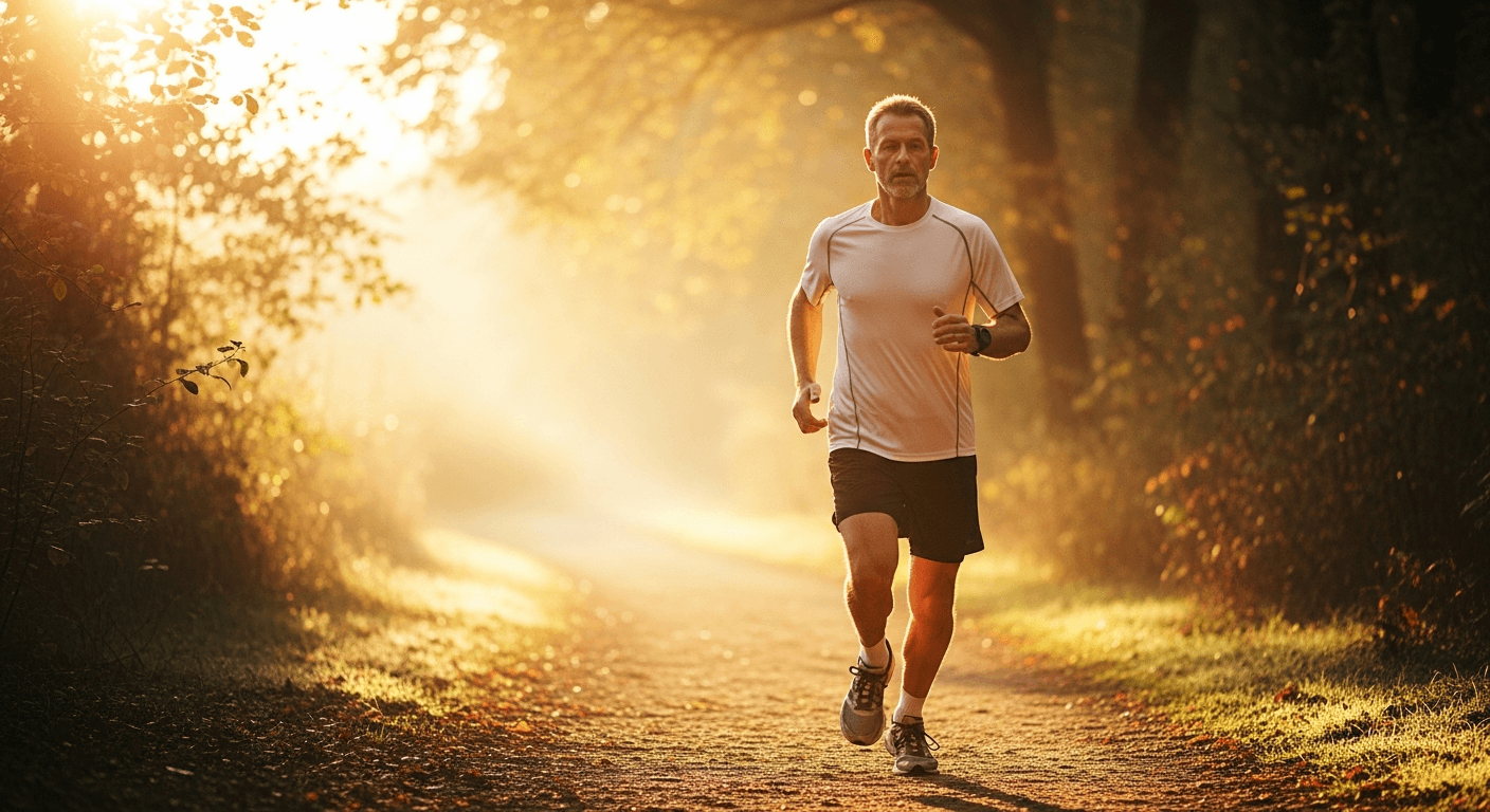 Middle-aged man running on a woodland trail in warm golden morning light.