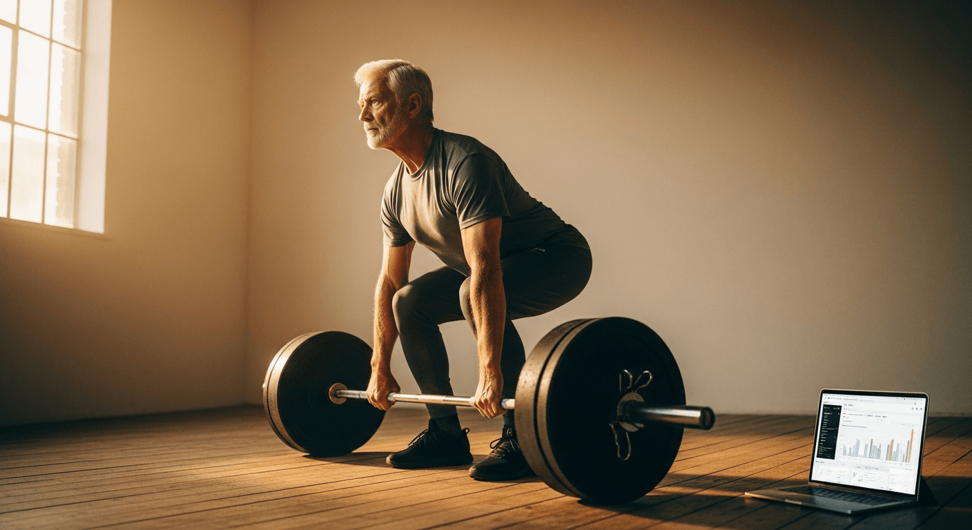 An older man performs a controlled barbell deadlift in a sparse gym lit by soft golden-hour light.
