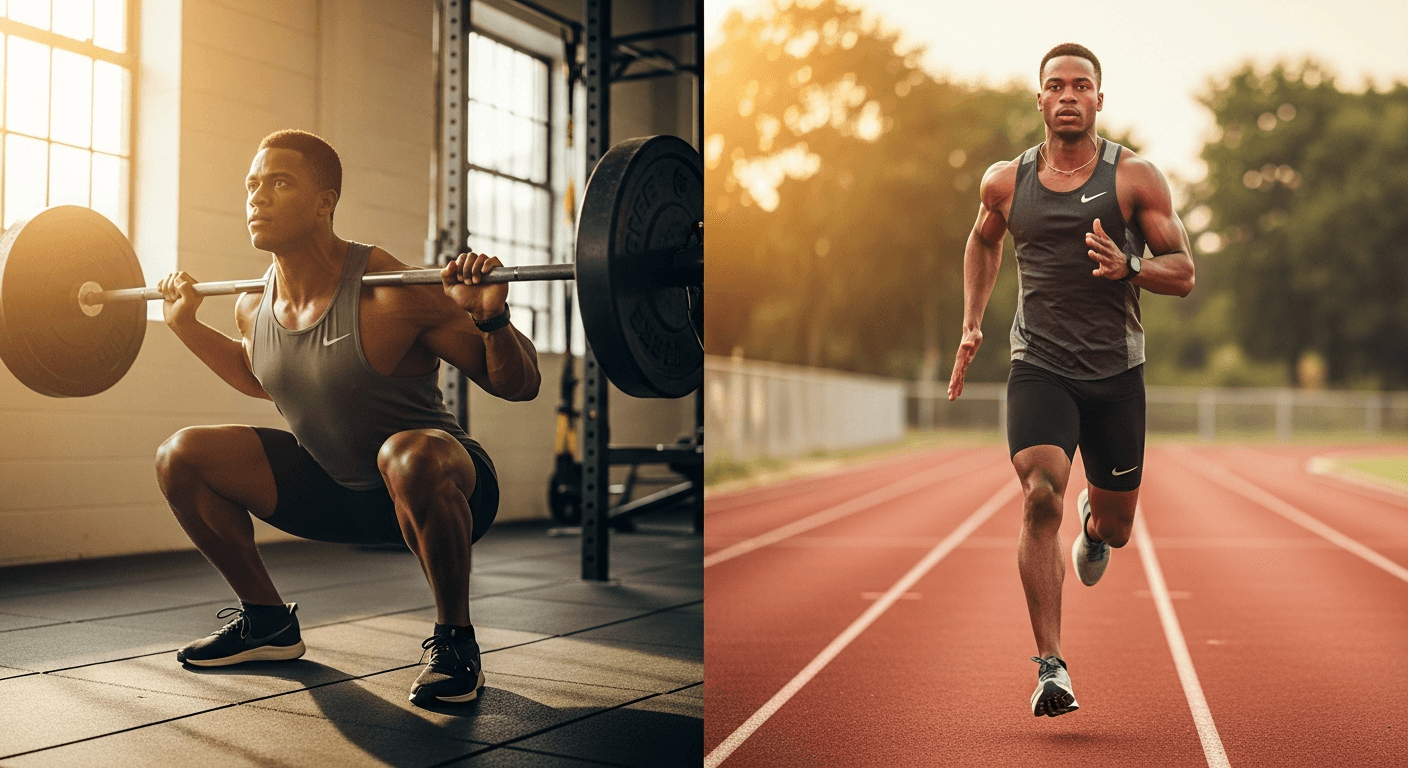 Male athlete in split-frame: heavy barbell squat on left, mid-stride running on track right, golden hour light.