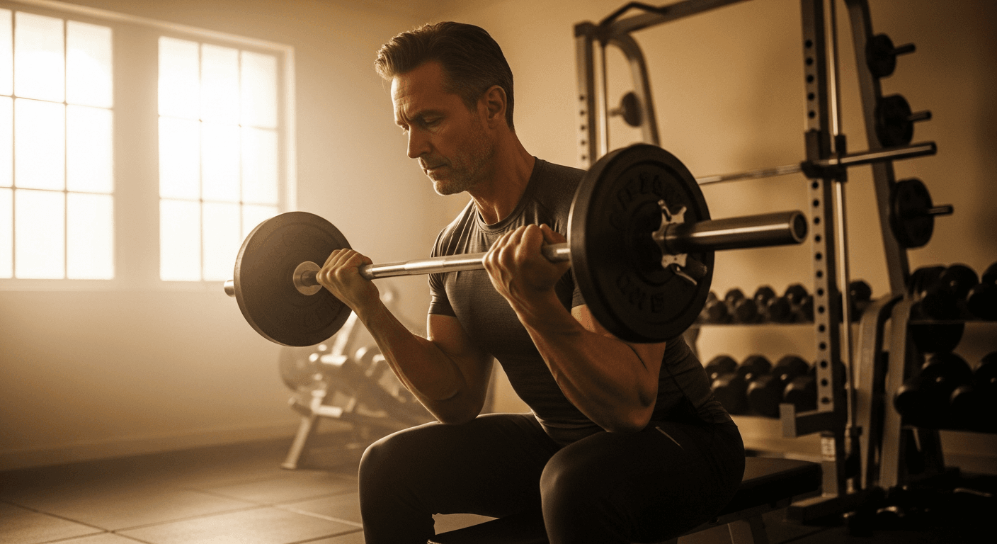 A man in his 40s performs a focused barbell curl in a home gym with warm natural light highlighting his biceps.