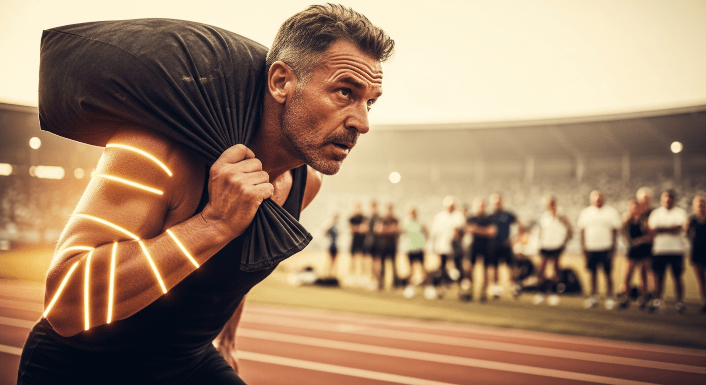 Mature male athlete straining to carry a heavy sandbag across a competition track.
