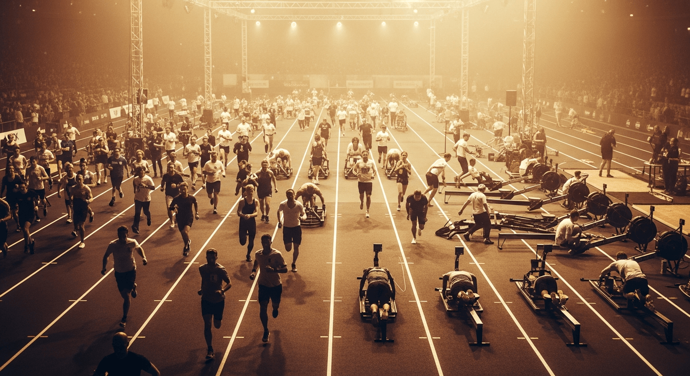Elevated wide-angle view of packed HYROX arena floor with athletes racing through obstacle stations in warm golden light.