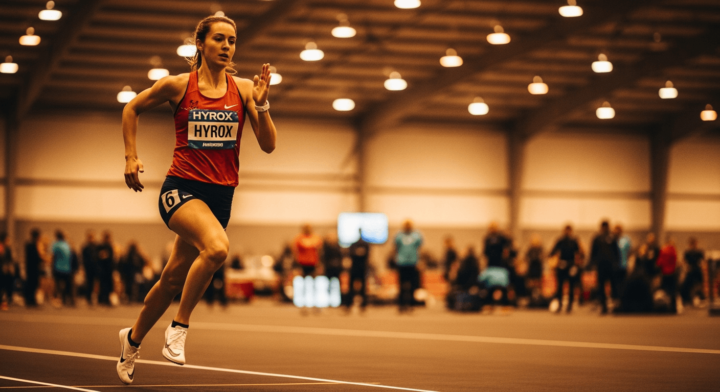 Female athlete mid-stride during a HYROX competition, focused and determined expression.