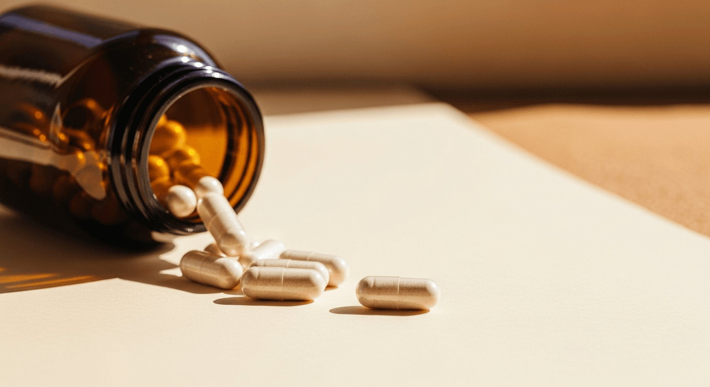 An amber glass bottle tipped over with white capsules spilling across a warm cream surface.