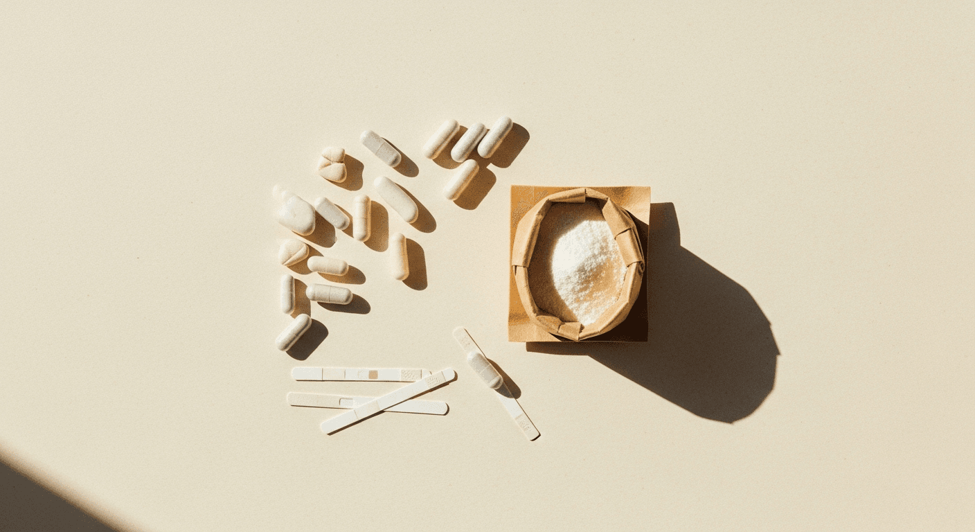 Overhead flat lay of neutral supplement capsules, white powder, and test strips on cream background.