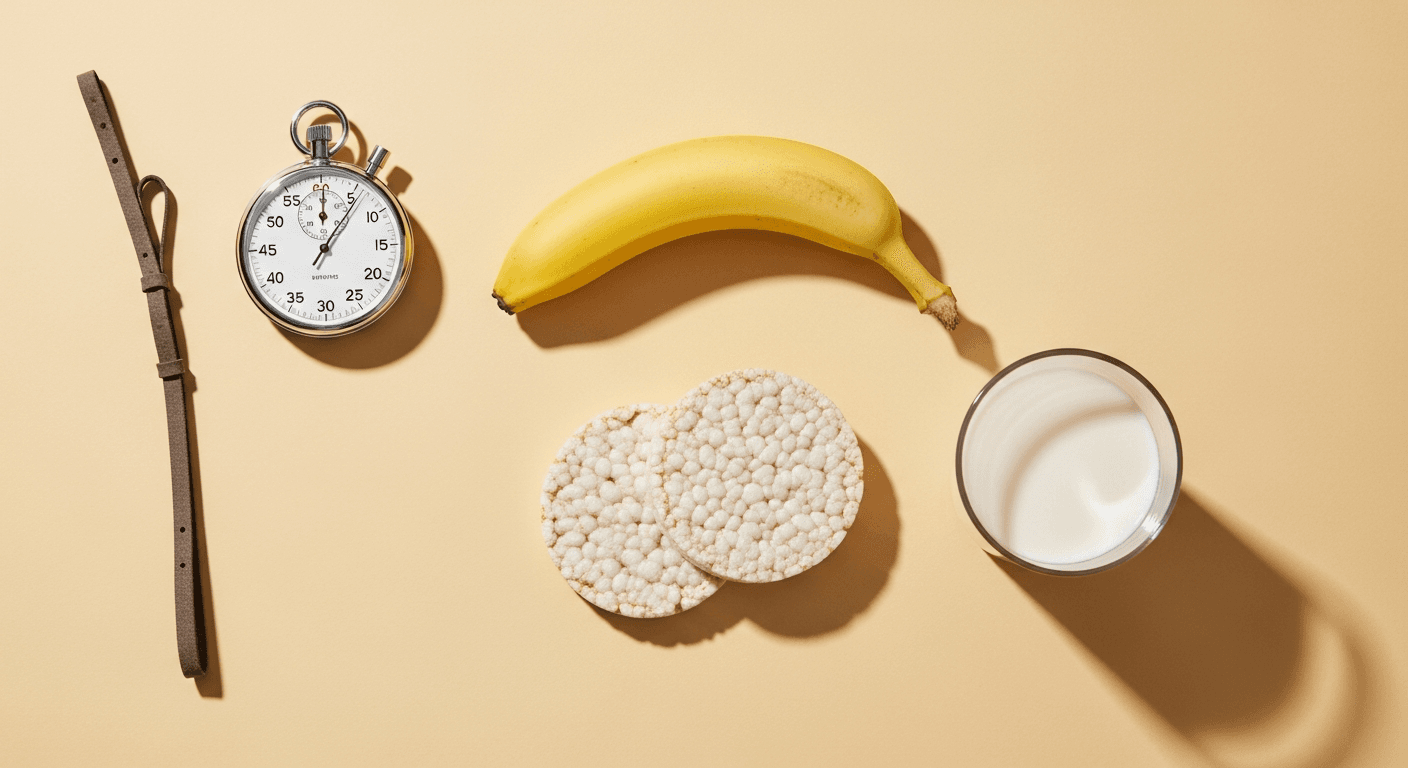 Overhead flat-lay of a stopwatch, banana, rice cakes, and protein shake on a warm cream surface with soft shadows.