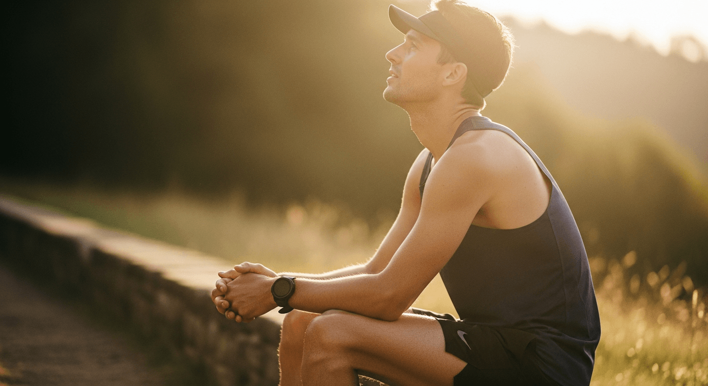 Shirtless endurance runner seated on a stone wall with head tilted back, bathed in golden afternoon sunlight.
