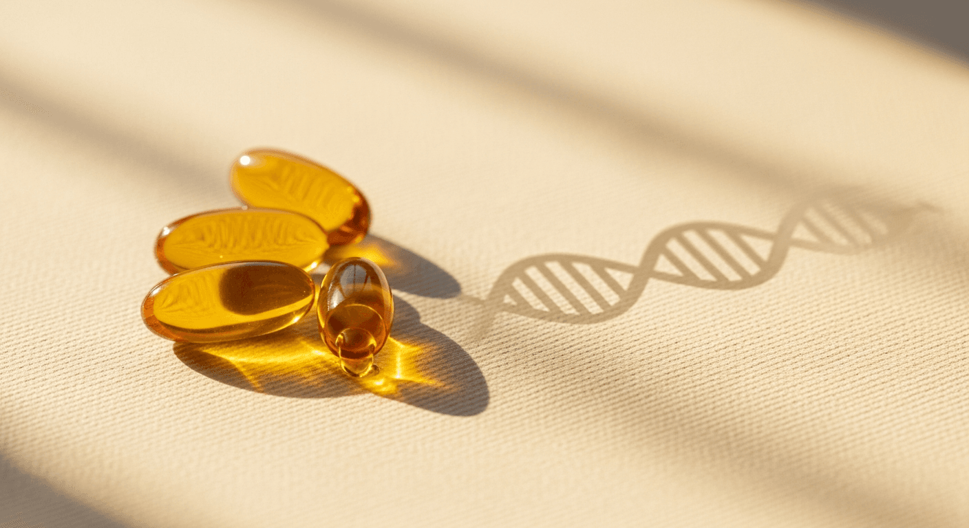 Three amber vitamin D capsules with one open, arranged beside an embossed DNA helix on a warm cream surface.