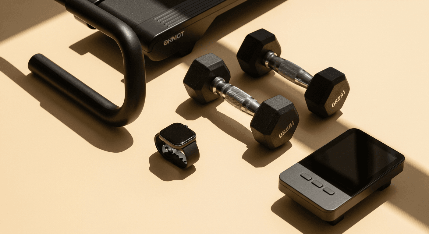 Overhead view of assorted fitness equipment arranged on a cream surface in warm natural golden light.