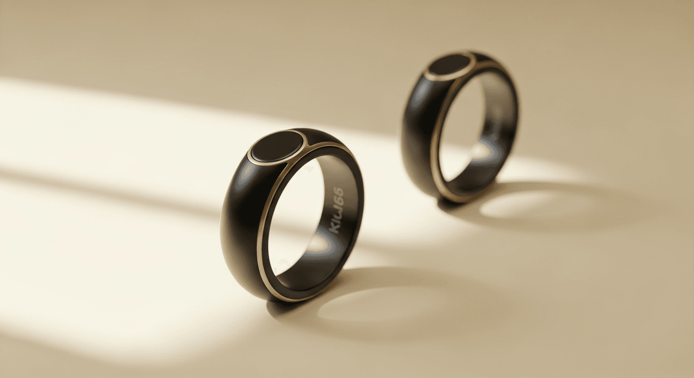 Two sleek black smart rings on a warm cream surface in soft golden light.