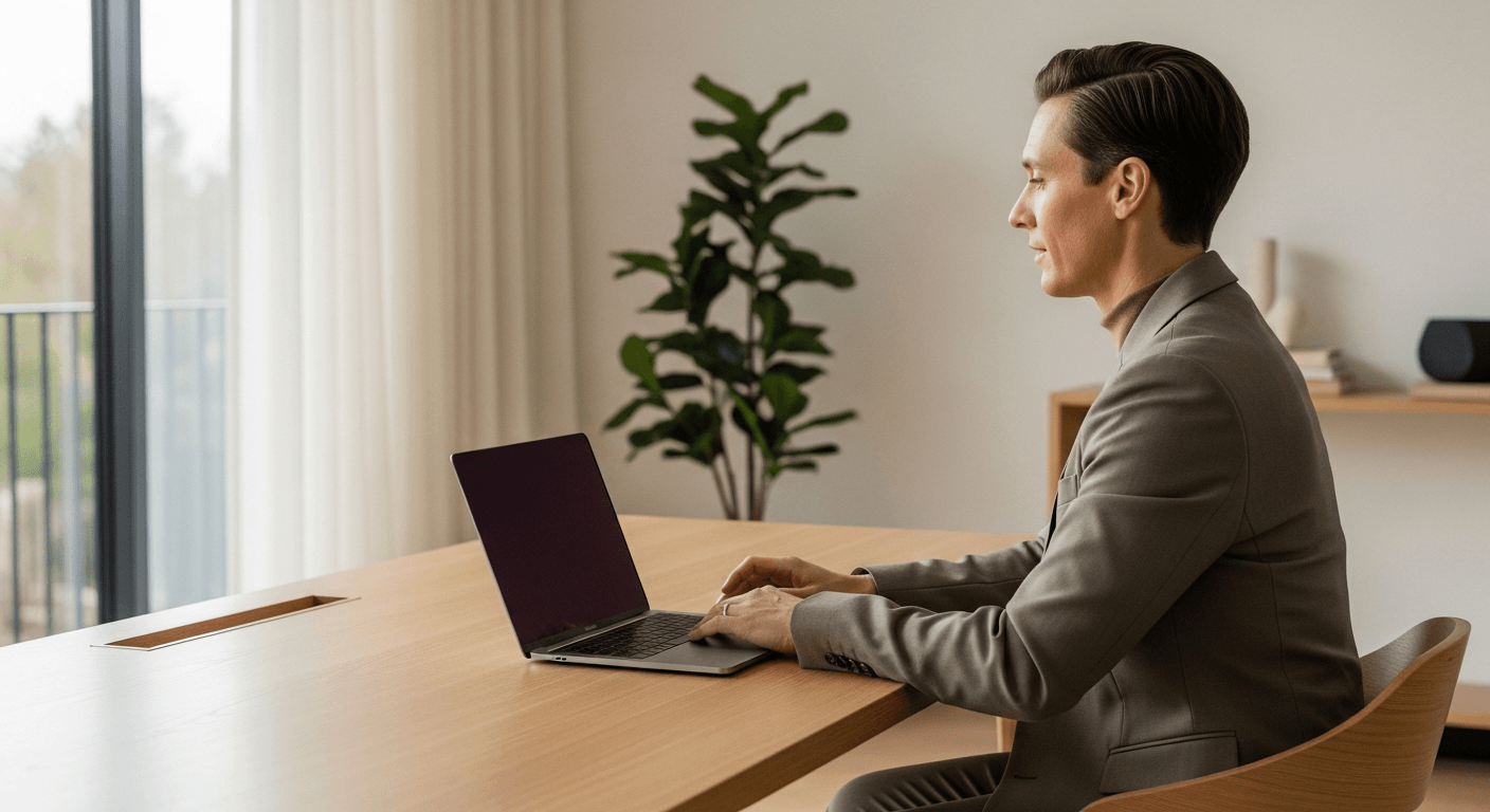 Confident coach in tailored blazer seated at minimal desk in upscale home office bathed in warm golden morning light.