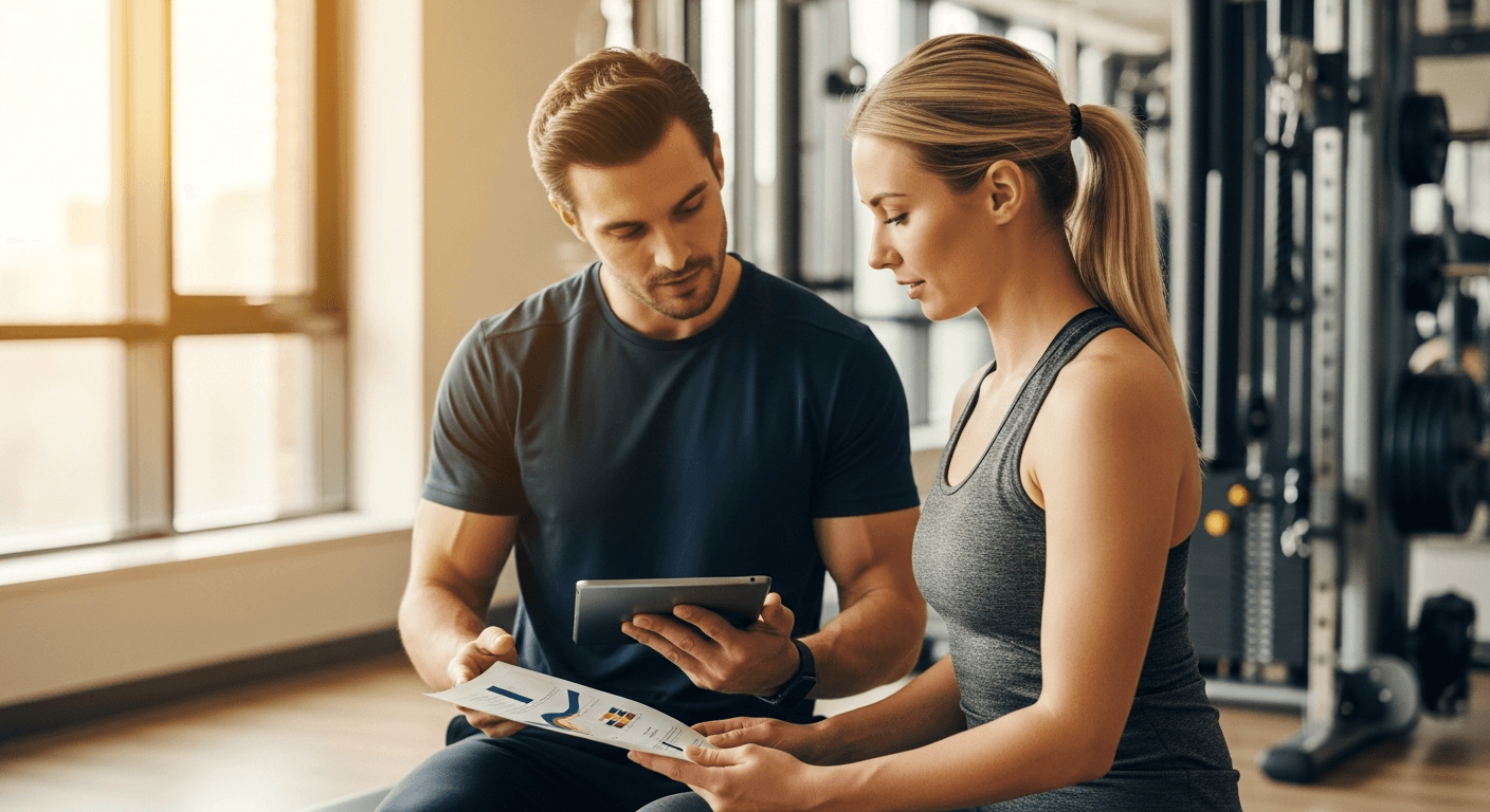A personal trainer shows progress graphs to a seated client in a bright, naturally-lit gym studio.