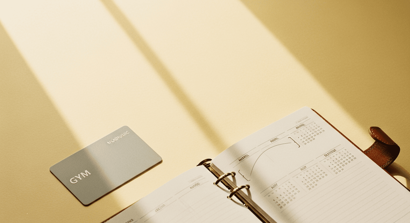 Gym membership card and planner marked with three-month span on cream paper in golden morning light.