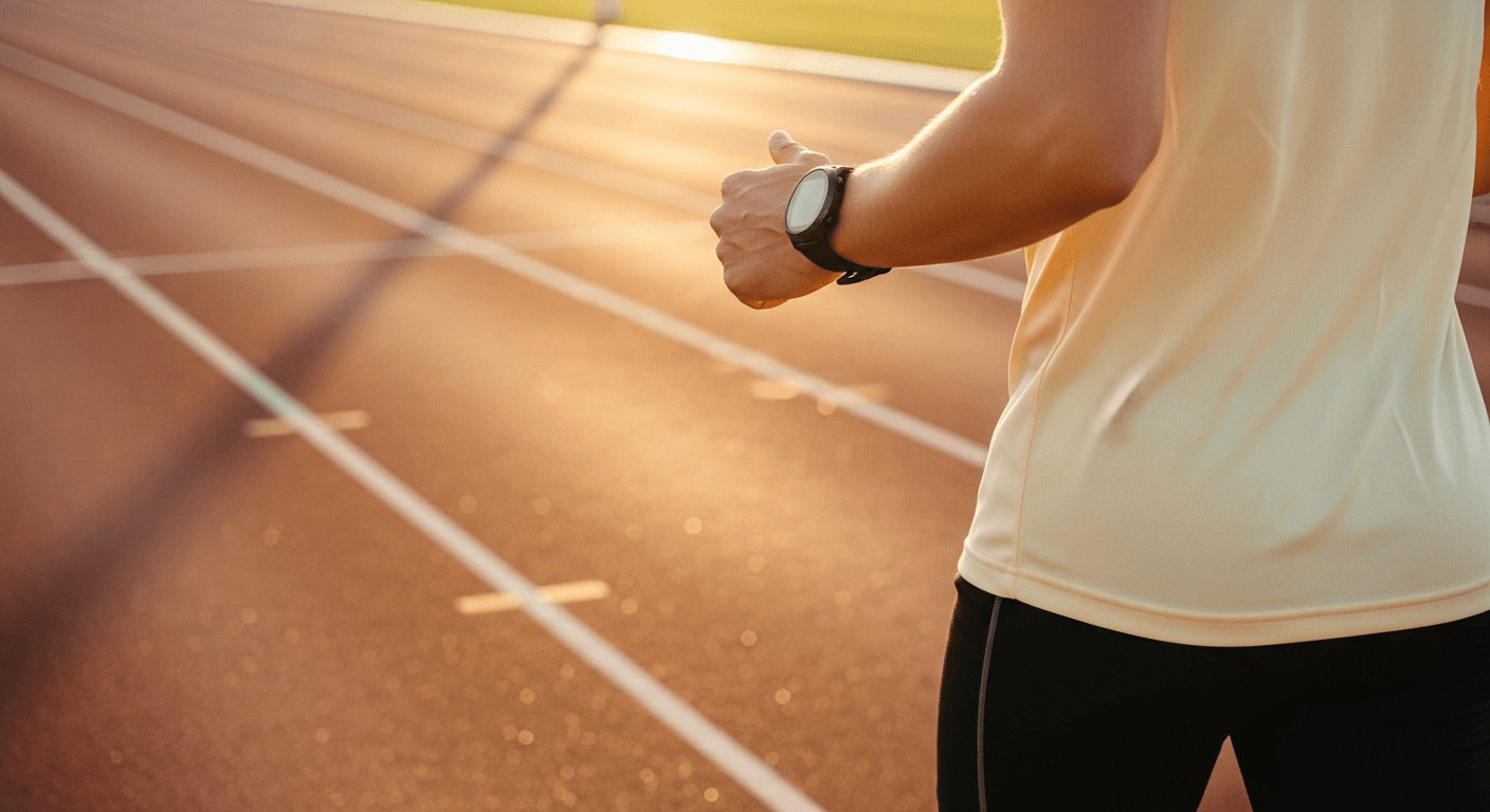 Runner mid-stride on a track wearing a GPS watch, bathed in warm golden-hour light.