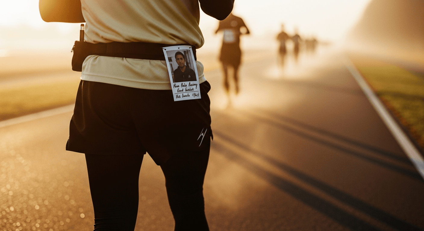 A marathon runner mid-stride at dawn with a memorial photo tucked into their race belt.