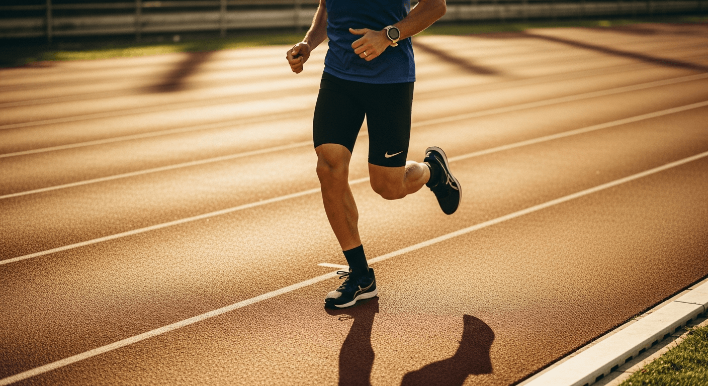 A runner pushing hard on a red track during interval training, GPS watch visible, golden morning light.