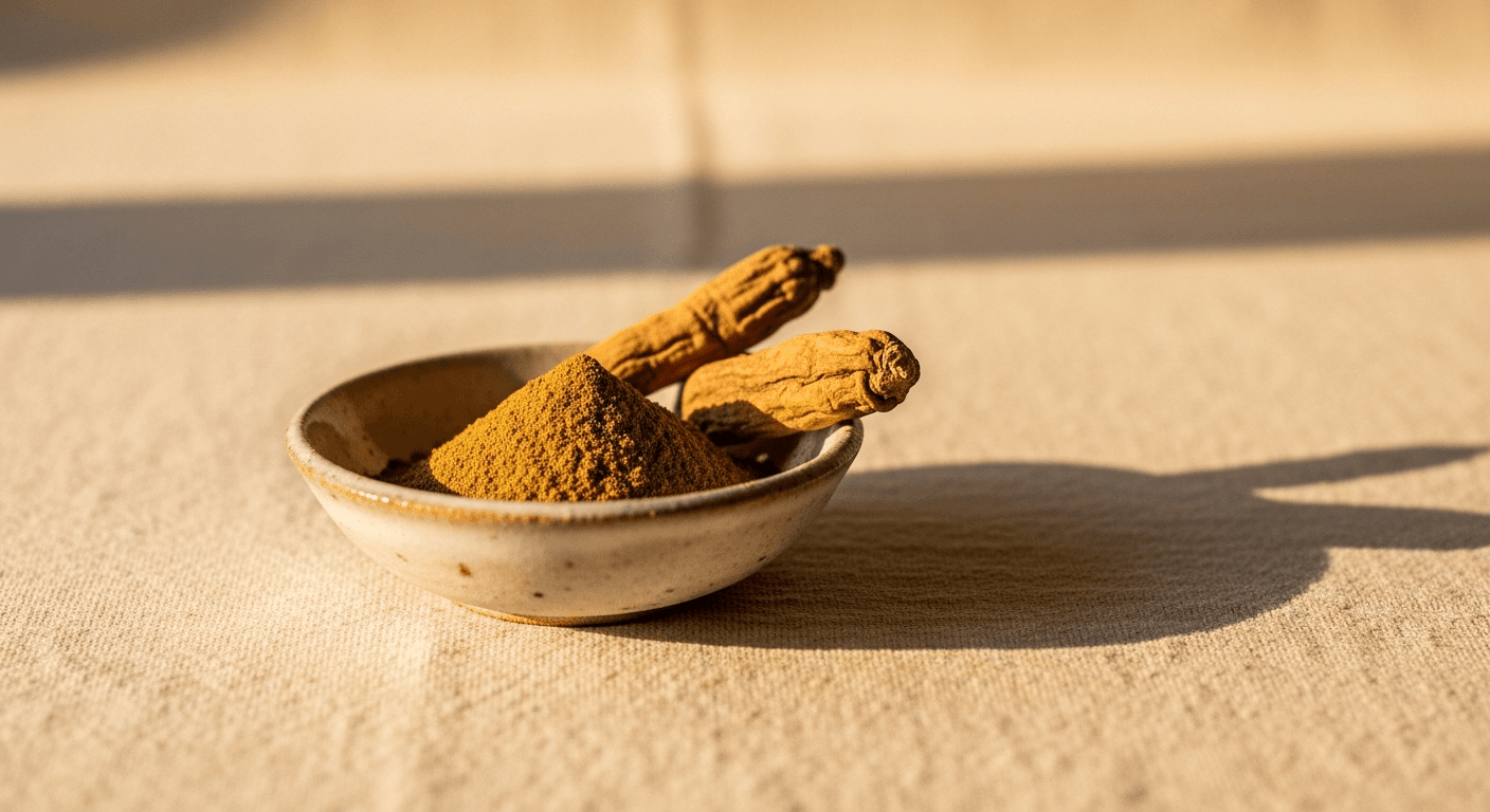 Ashwagandha root powder in a ceramic bowl with dried root fragments on warm cream linen.