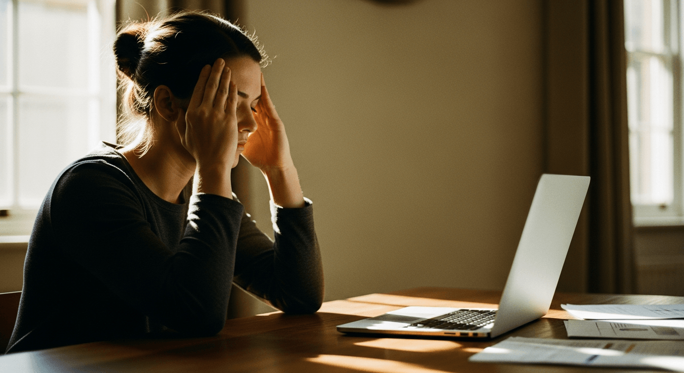 A person seated at a wooden desk with hands pressed to temples, expressing stress and tension.
