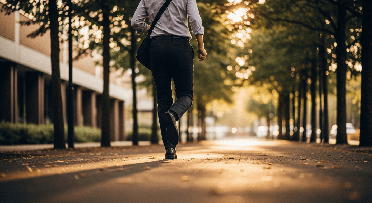 Person in business-casual attire jogging on a tree-lined urban path in warm golden afternoon light.