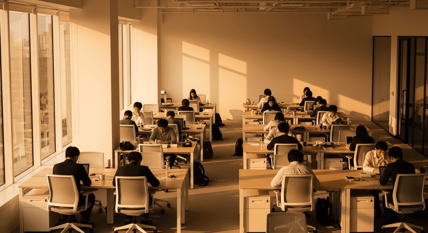 Office workers seated at desks in a modern open-plan space, bathed in warm golden light, conveying quiet disconnection.