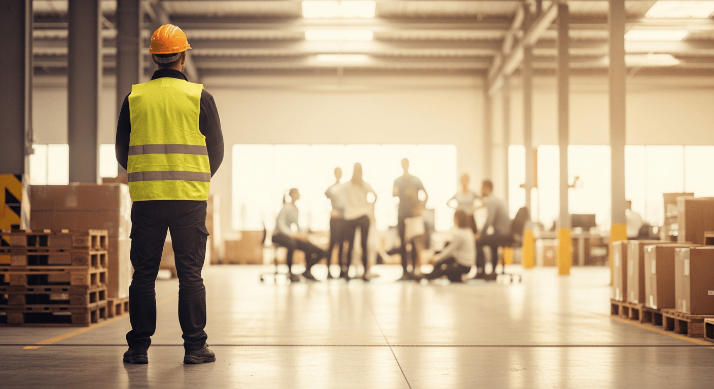 Warehouse worker in safety vest stands apart from a blurred office wellness group in the background.