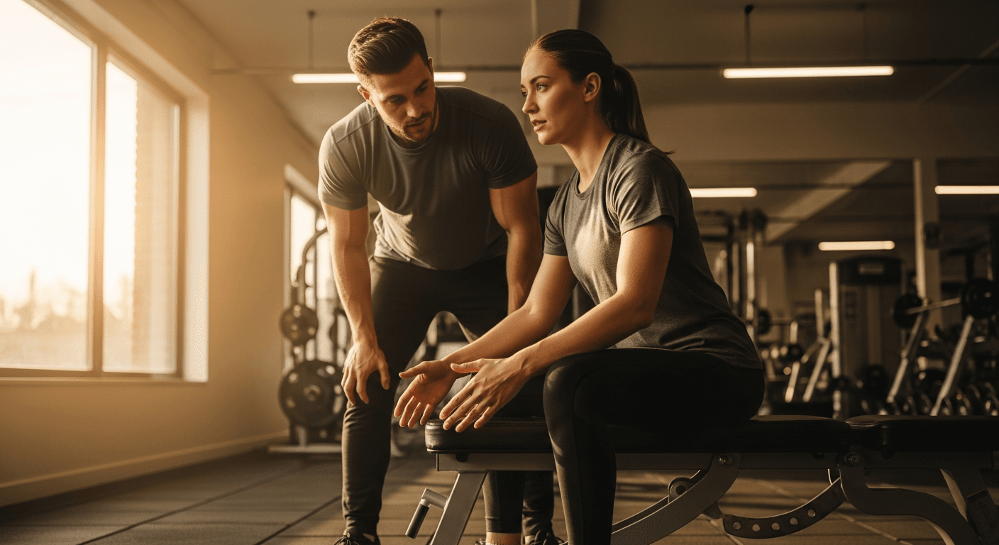 A personal trainer consults with a seated client on a weight bench in a gym lit by warm natural golden light.